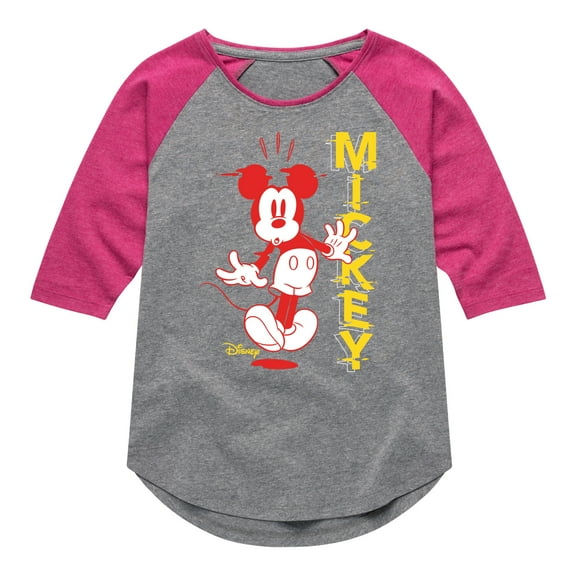 Disney - Mickey & Friends - Surprised Mickey - Glitch Name - Toddler And Youth Girls Raglan Graphic T-Shirt