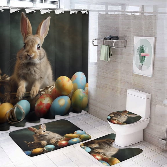 Easter Bunny Playful With Painted Eggs 4 Pcs Shower Curtain Sets Bath Mat U-Shaped Floor Mat Toilet Lid Oval Rug Colorful Eggs Flowers Leaves Waterproof Shower Curtain for Bathtub Decor