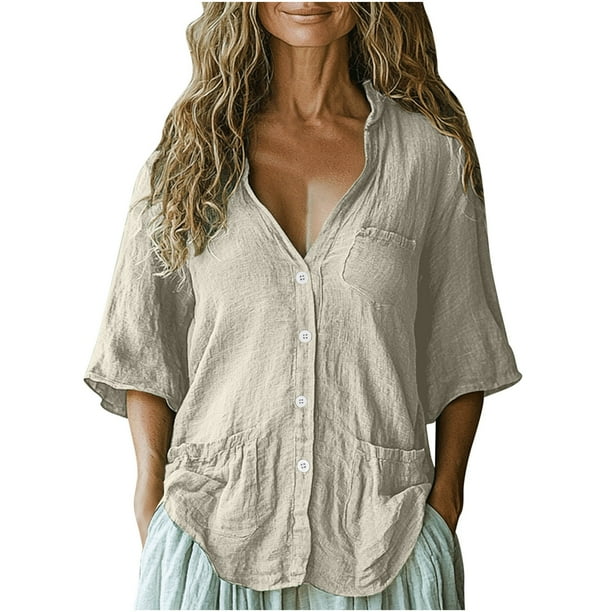 Vestidos Casuales Para Mujer, Blusas De Mujer De Moda Blusa tipo túnica de verano para mujer, con cuello en V, mangas 3/4, botones sueltos, de imitación de lino y bolsillos