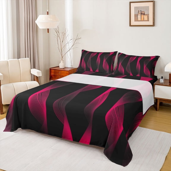 jejeloiu Geometric Waves Stripes Twin Sheet Sets,Red Black Bedding For Girls Boys 3pcs