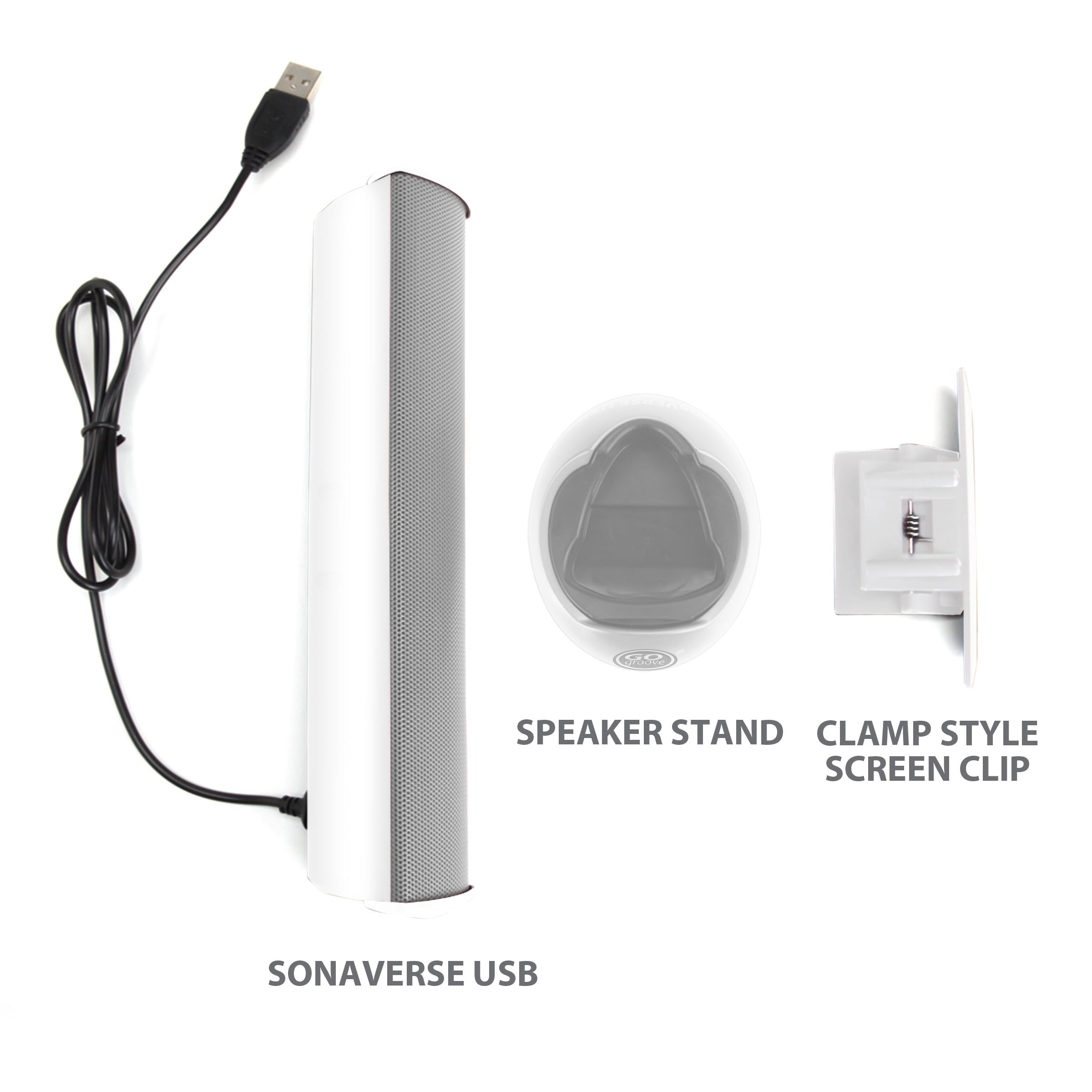 GOgroove USB Laptop Speaker Bar with Clip-On Portable Design (White)