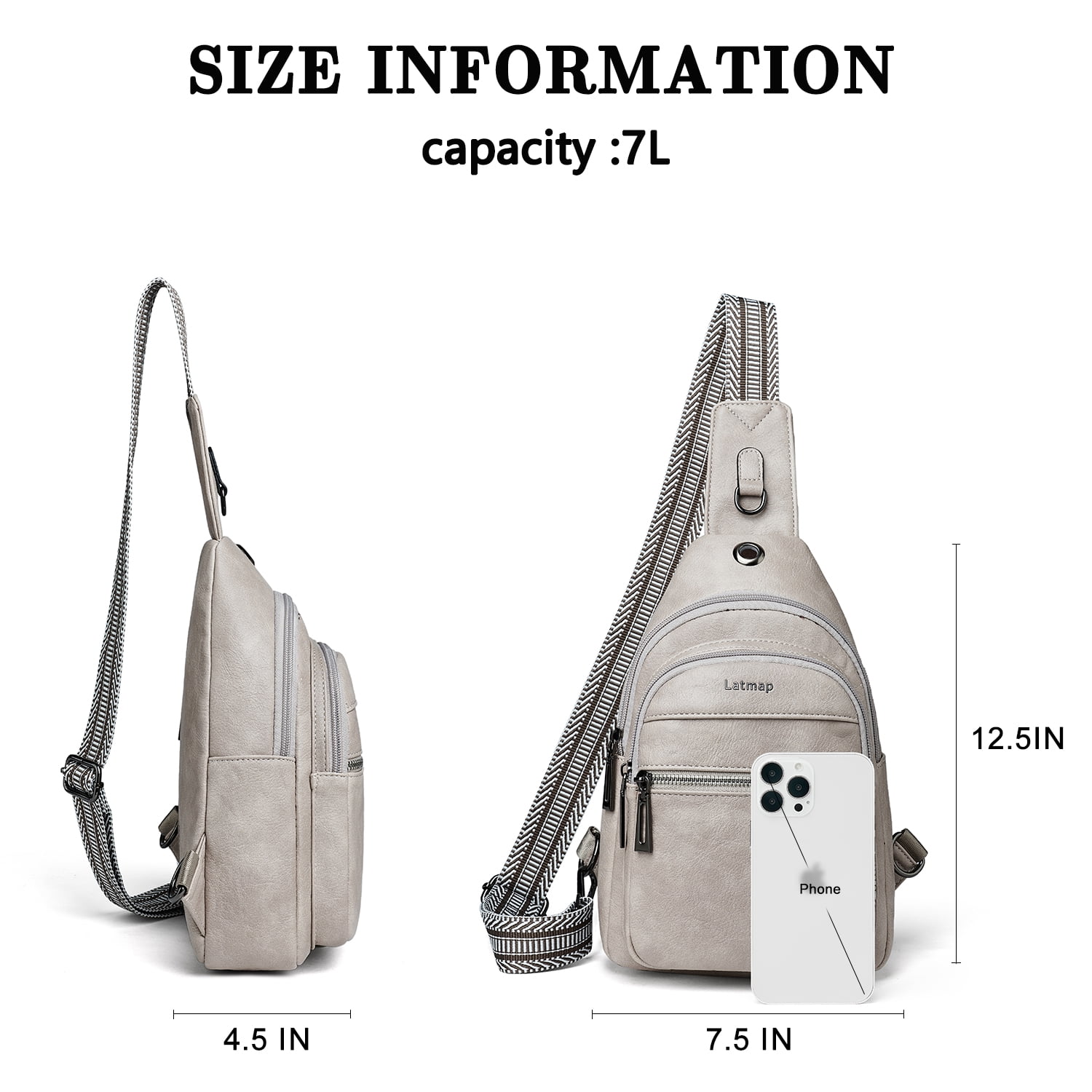 LATMAP 7L Sling Bag for Women, Faux Leather Crossbody Fanny Pack - Lightweight Chest Bag for Travel, Hiking & Shopping