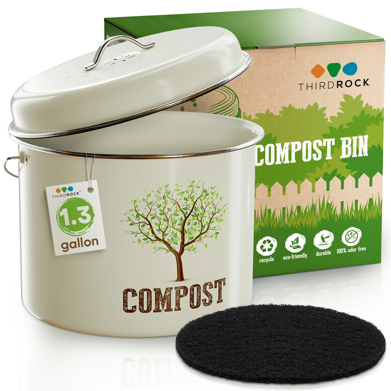 Third Rock Compost Bin Indoor Kitchen Sealed - 1.3 Gallon Compost Bucket -  Premium Dual Layer Powder Coated Carbon Steel Countertop Compost Bin 