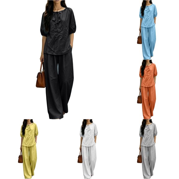 SONXAHE Tie Neck Puff Sleeve Two Piece Set for Women Elastic Waist Daily Urban Matching Pant Suit