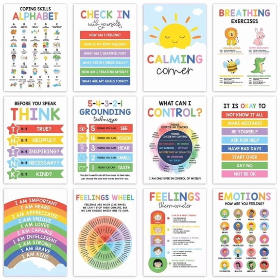 12 Calming Corner Classroom Posters (10x14) - Feelings Wheel Chart & Emotions Poster For Kids,Calm Down Corner Supplies For Therapy Office Decor,Mental Health Wall Decorations For Preschool