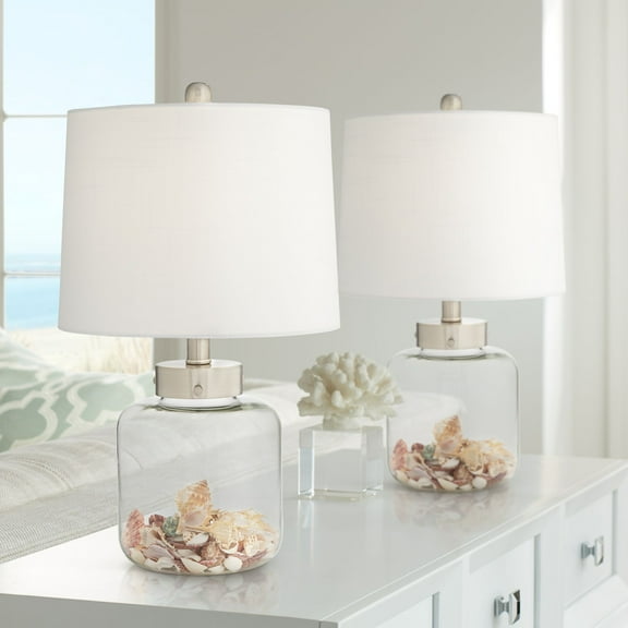 360 Lighting Coastal Accent Table Lamps 20.5" High Set of 2 Small Clear Glass Fillable Shells White Drum Shade for Living Room Family Bedroom