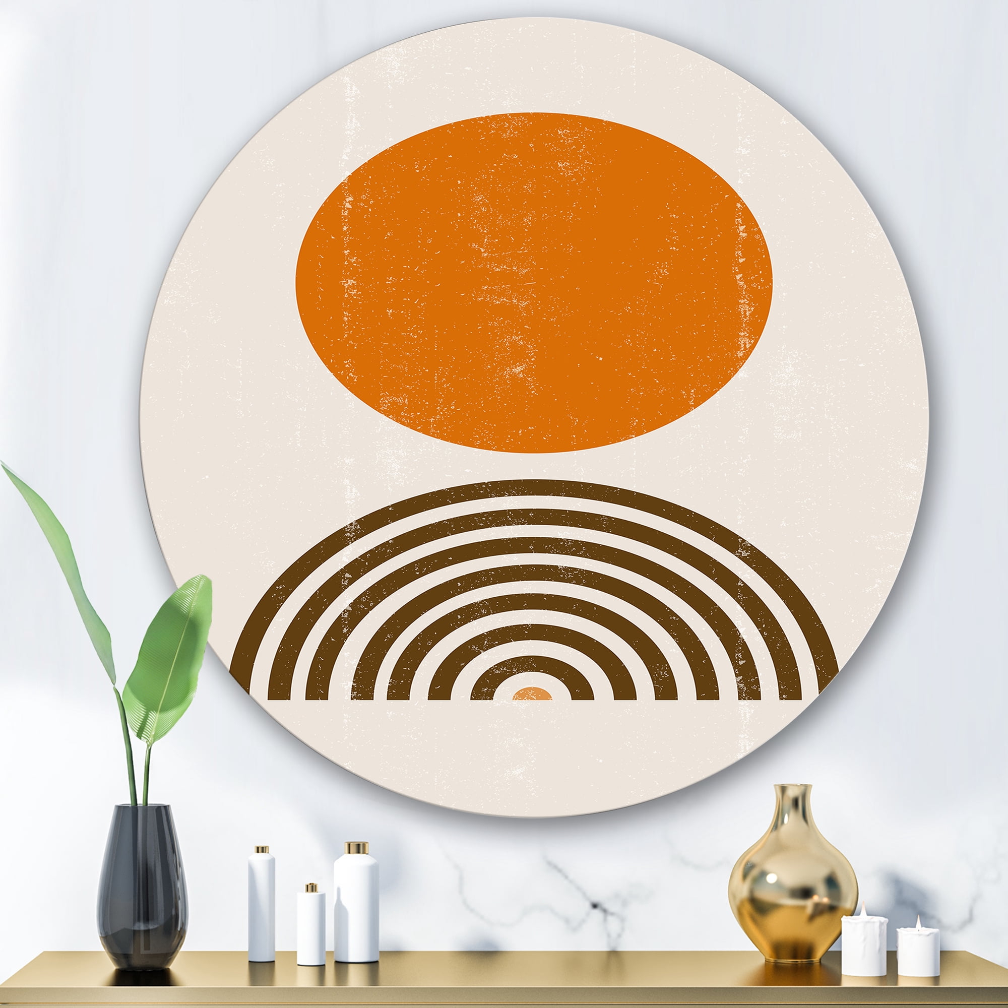 Designart 'Abstract Minimal Rainbow and Orange Sun I' Modern Circle Metal Wall Art 29x29 - Disc of 29
