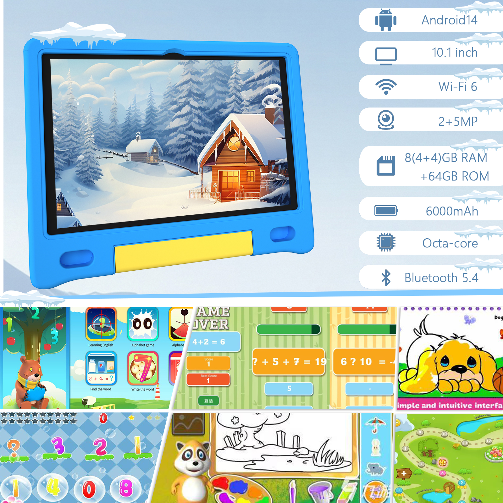 Kids Tablet with Strap, Android 14 Tablet for Kids 10 inch , Toddler Tablet Octa-Core 64GB 1TB Expandable, Children's Tablet with Case, Bluetooth WiFi Parental Control Dual Camera, 12-hr battery