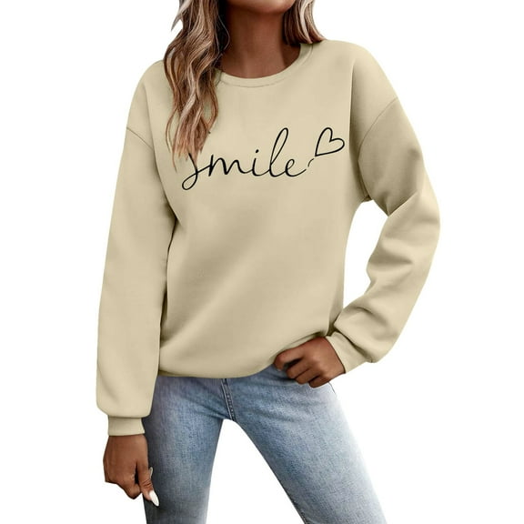 Yuanlong Womens Sweatshirts Solid Color Long Sleeve O Neck Smile Heart Printed Hoodie Daily Outdoor Workout Sporty Tops