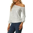 thumbnail image 4 of INSPIRE CHIC Off Shoulder Sequins Tops for Women's Long Sleeves Disco Party Sparkle Glitter Top S Silver, 4 of 6