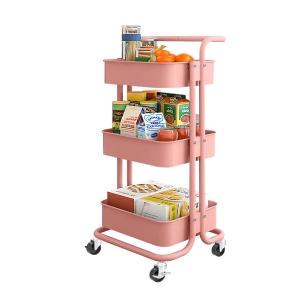 Carro Organizador de 3 Niveles | Carrito de Servicio Multifuncional con Ruedas | Estante Movil de Almacenamiento | Organizador de Metal (Rosa)