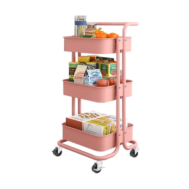 Carro Organizador de 3 Niveles | Carrito de Servicio Multifuncional con Ruedas | Estante Movil de Almacenamiento | Organizador de Metal (Rosa)