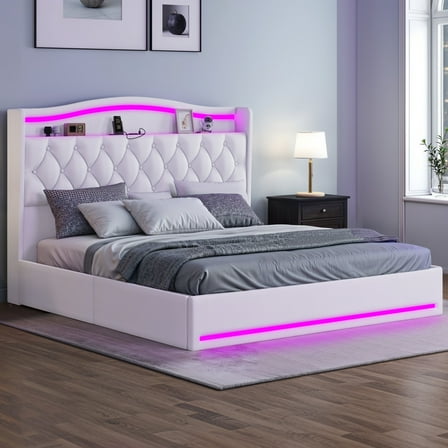 Uforic King Size Bed Frame with Power Outlets & LED Lights, Upholstered Storage Bed Frame with Drawers & Headboard, White