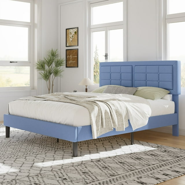 VECELO Full Size Upholstered Bed Frame, Modern Platform Bed Frame with Adjustable Button Tufted Headboard for Bedroom, No Box Spring Needed, Easy Assembly, Light Blue