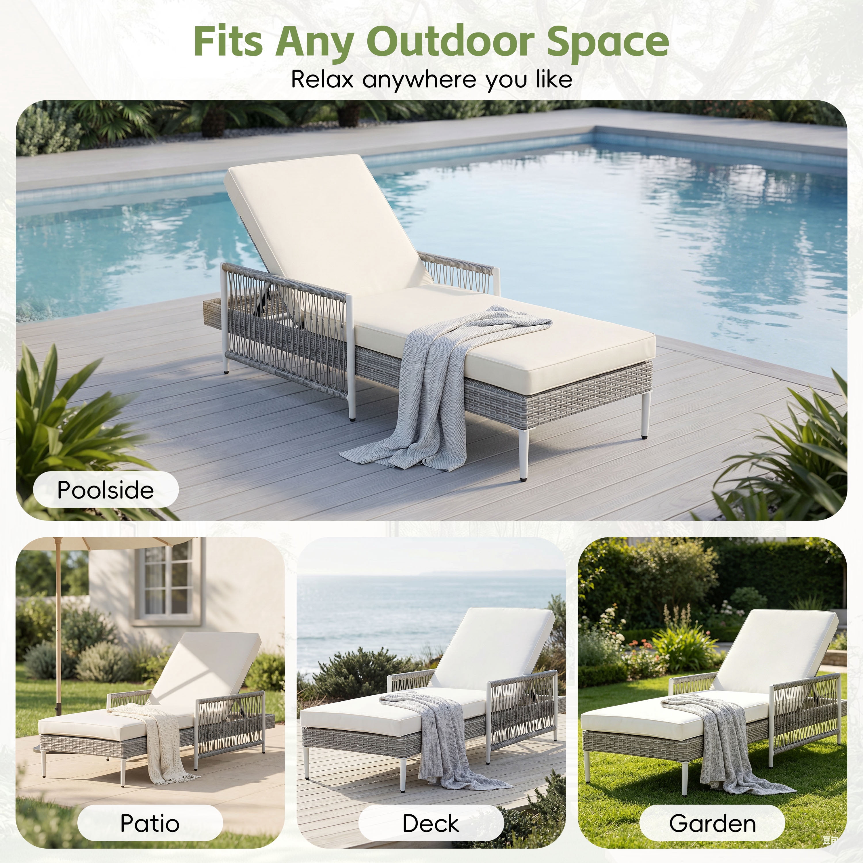 Mintazer Outdoor PE Rattan Chaise Lounge Chair with Water-Resistant Cushion, Patio Wicker Lounge Chair with 6 Gear Adjustable Recliner & Arms for Poolside Backyard, Grey & Beige