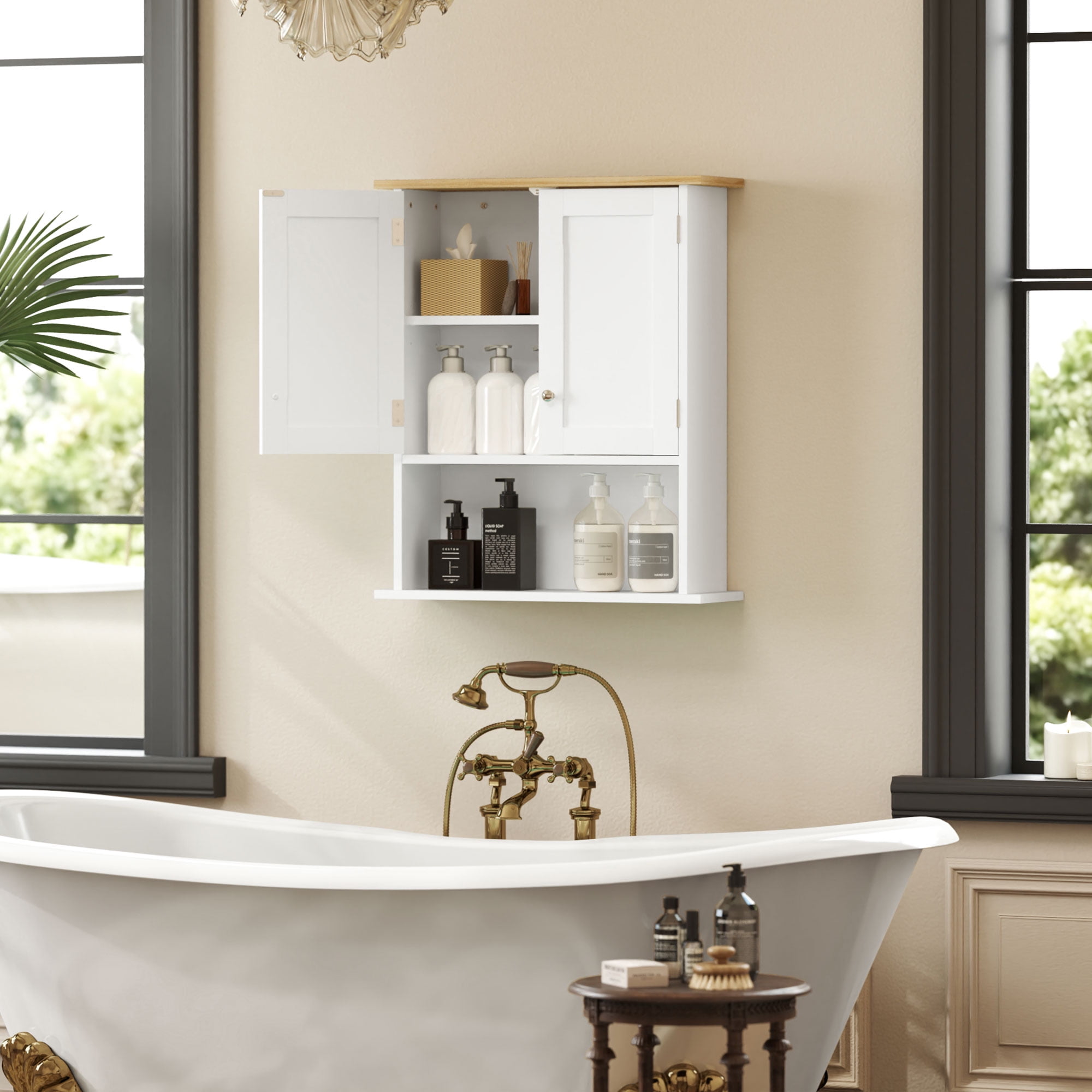 HOMCOM Over the Toilet Bathroom Wall Cabinet, Modern Bathroom Cabinet Wall Mounted Medicine Cabinet with 2 Doors, Adjustable Shelf, White