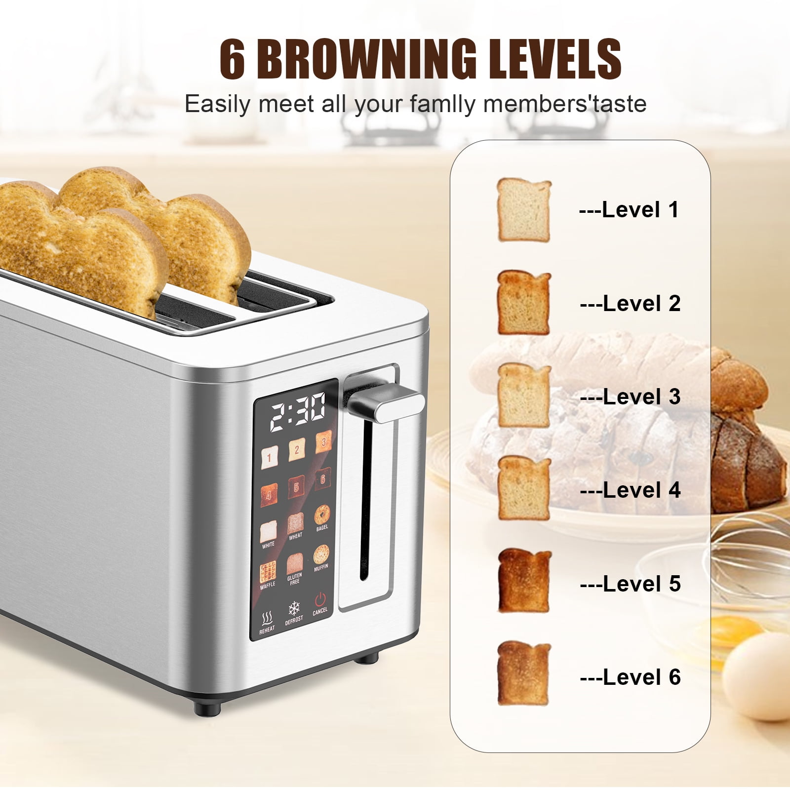 Touchscreen Smart 2 Slice Toaster Oven Stainless Steel Digital With 6-Level Browning Control Extra-Wide 1.5-Inch Slots
