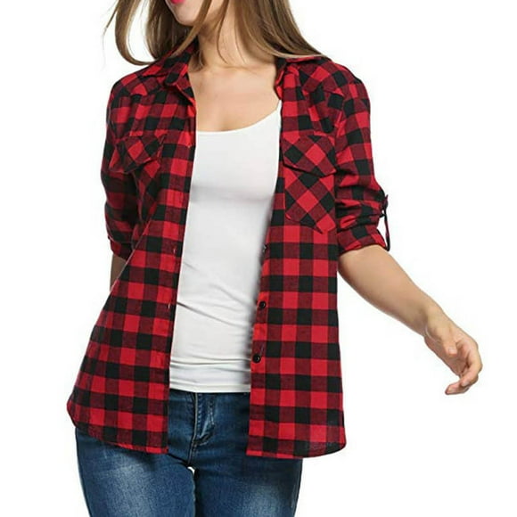 Hamky Chemises pour Femmes Hauts à Col en V Chemises à Carreaux pour Femmes Manches Longues Boutonné Veste de Noël d'Automne Chemises à Manches Longues pour Femmes Blouses pour Femmes Rouge TTG