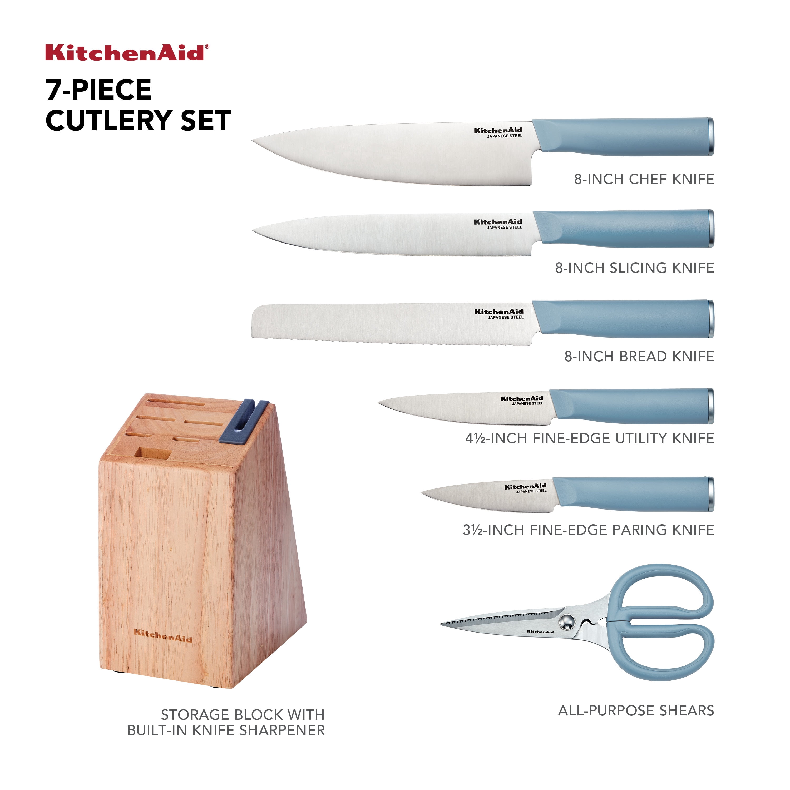 KitchenAid Classic 7-Piece Knife Block Set with Sharpener, High-Carbon Steel, Blue Velvet