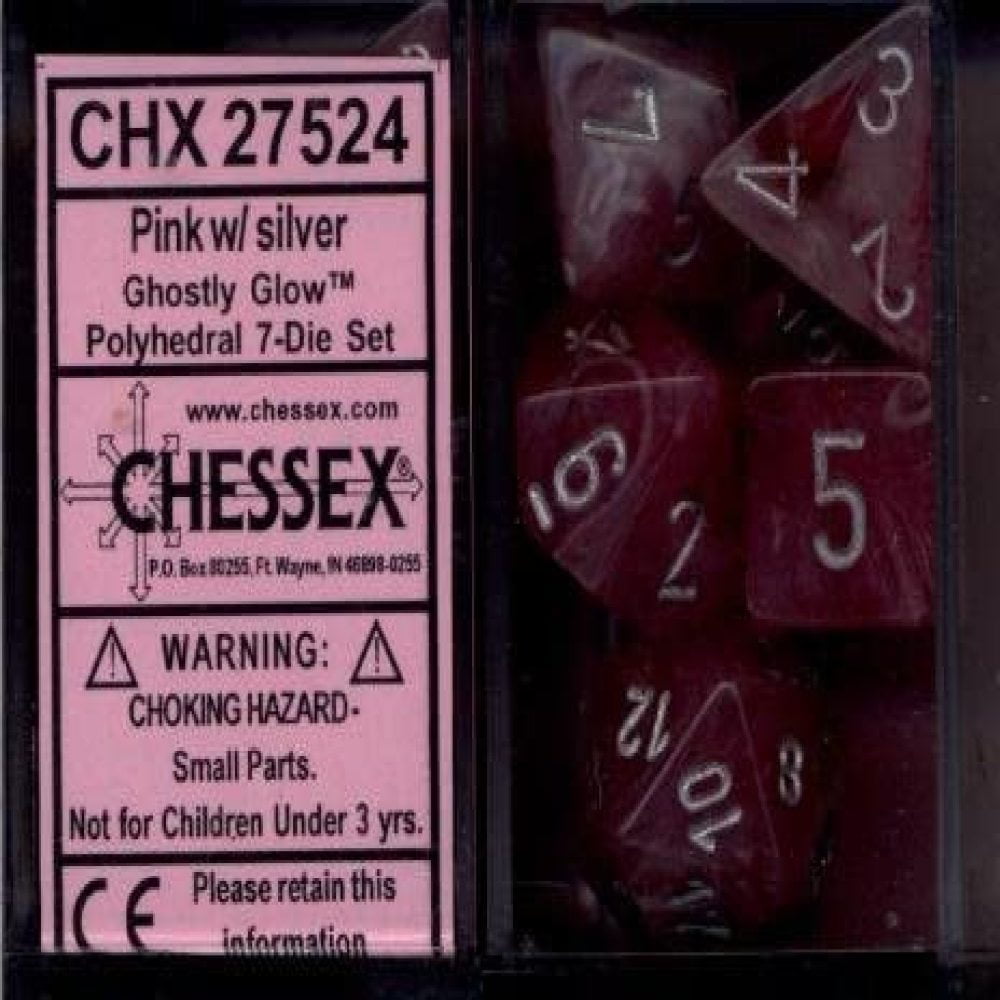 16mm 7 Die Polyhedral Dice Set Chessex Ghostly Glow Pink With Silver for sale online 