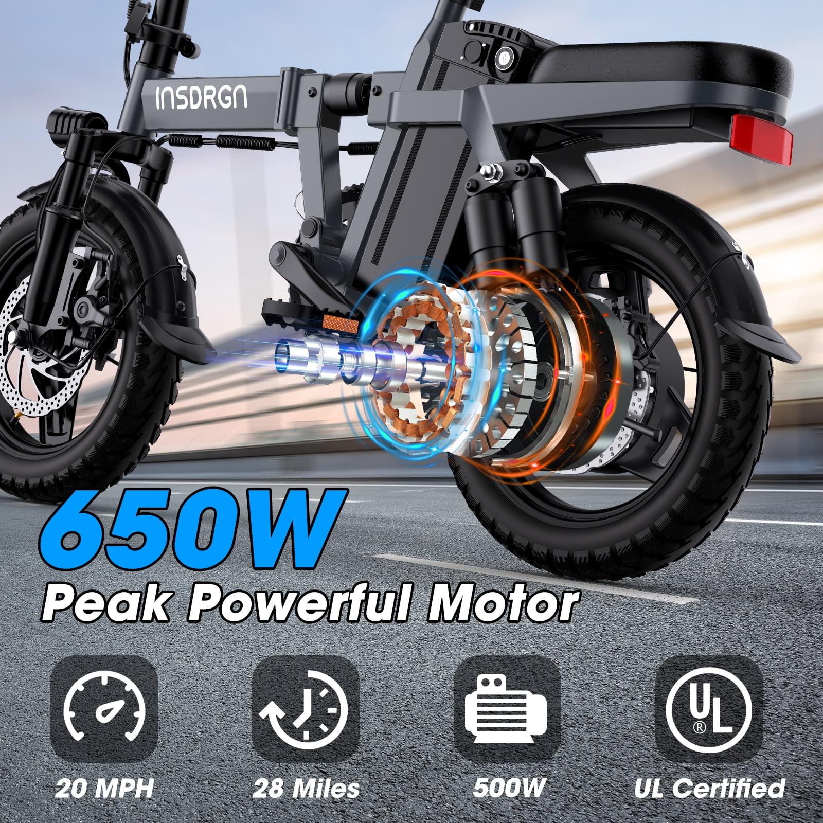 INSDRGN Folding Electric Bike for Teenager and Adults, 10.4AH 48V Battery 14" Electric Bike 500W Motor, 28 Miles Range, Mini Ebike for City Commuter, UL2849