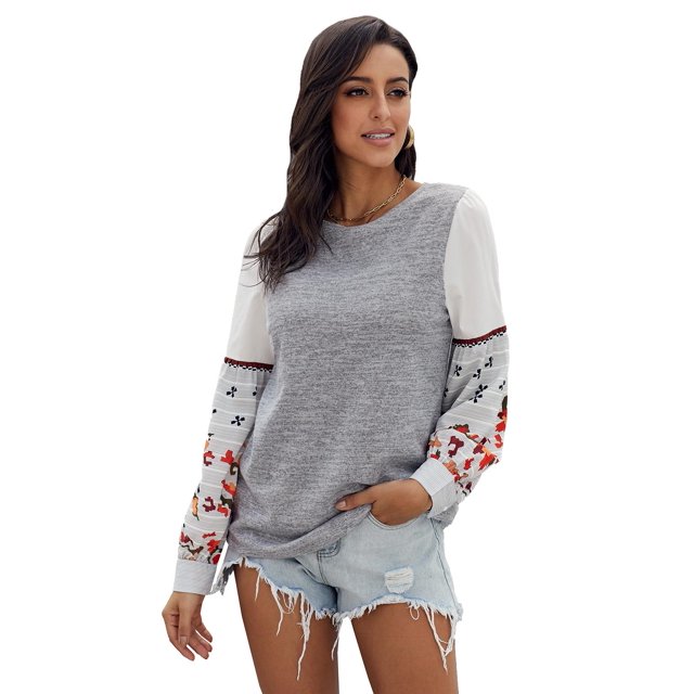 ABPHQTO Sudaderas De Mujer De Punto Con Manga Estampada En Contraste Gris