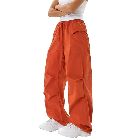 FEOYA Womens Baggy Cargo Pants Hiking Outdoor Parachute Pants Quick-Dry Camping Track Pants Drawstring Elastic Waist Y2K Streetwear Trousers L Orange