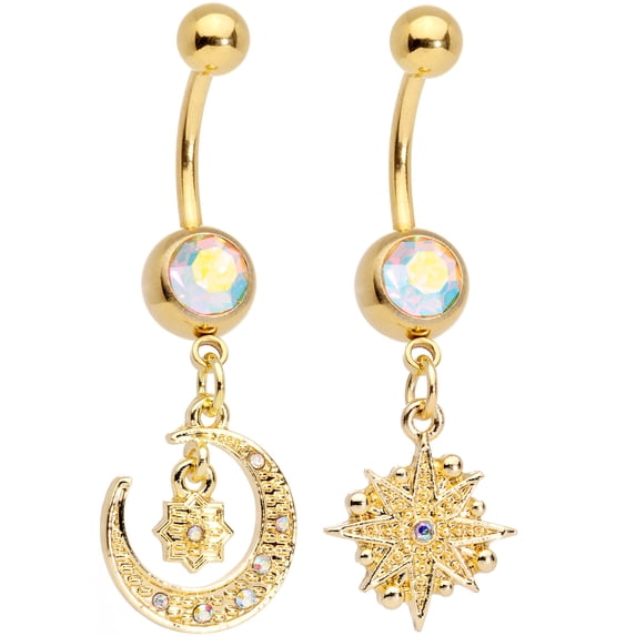 Body Candy Womens 2PC Plated Steel Aurora Accent Celestial Dangle Belly Button Rings 14G Navel Piercing