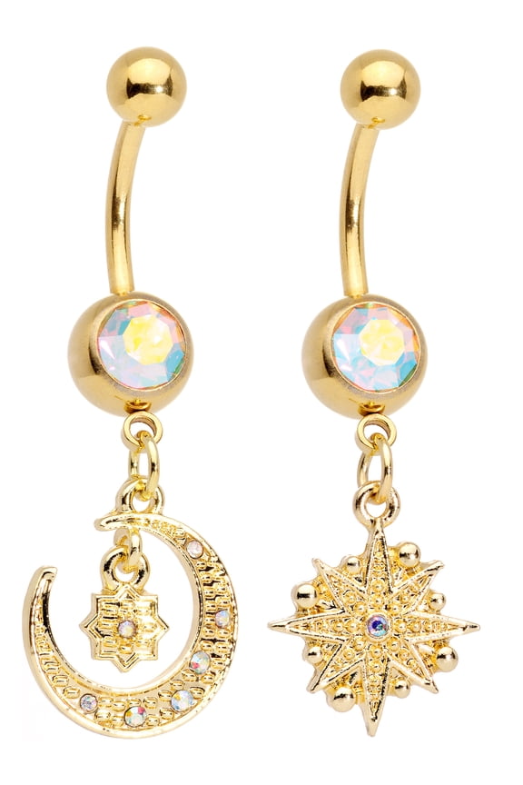 Womens 2PC Plated Steel Aurora Accent Celestial Dangle Belly Button Rings 14G Navel Piercing
