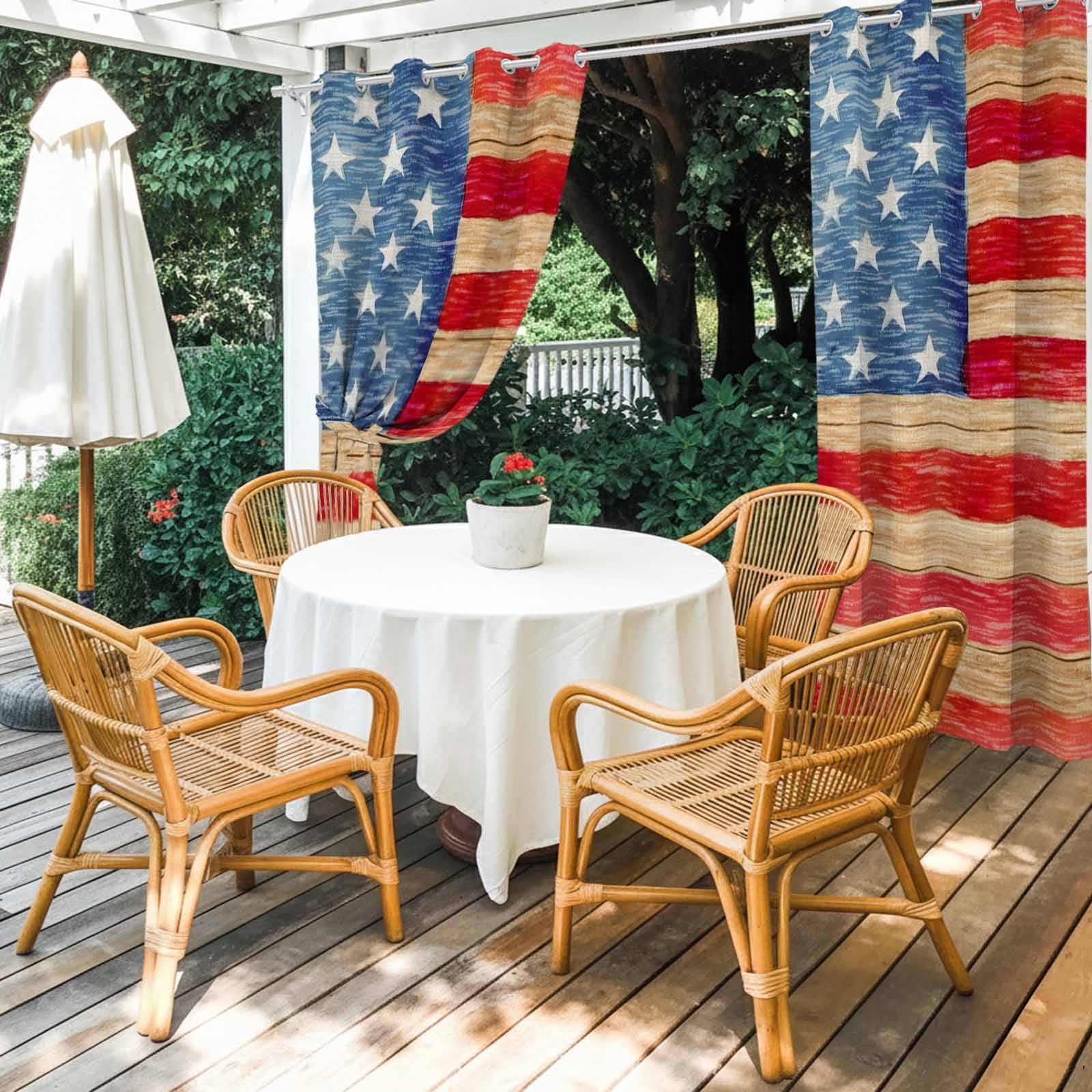 Independence Day Outdoor Curtains for Patio, Rustic Red Blue Flag Wood Stripes Sunshade Privacy Drapes Grommet Waterproof Outside Curtains for Porch/Cabana/Balcony 54"x 108", 1 Panel