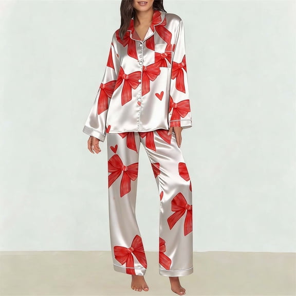 WCJM Women Pajama Sets Pink Satin Pajamas for Women Valentines Women Bow Pajamas Satin Pajama Set 2 Piece Sets Button Down Shirts Wide Leg Pants Cute