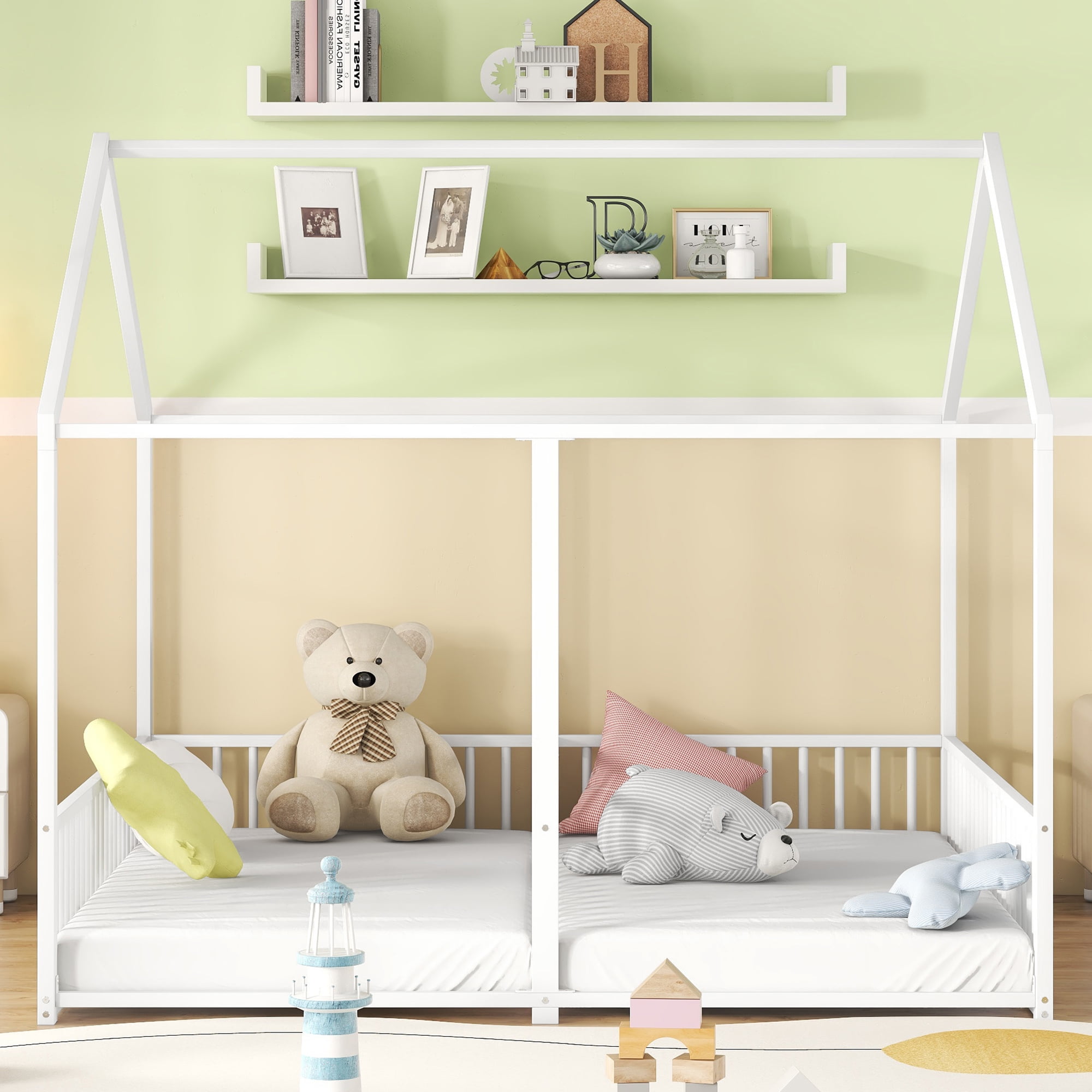 Euroco Metal Twin Size House Canopy Bed, 2-in-1 Platform Beds for Kids Room, White