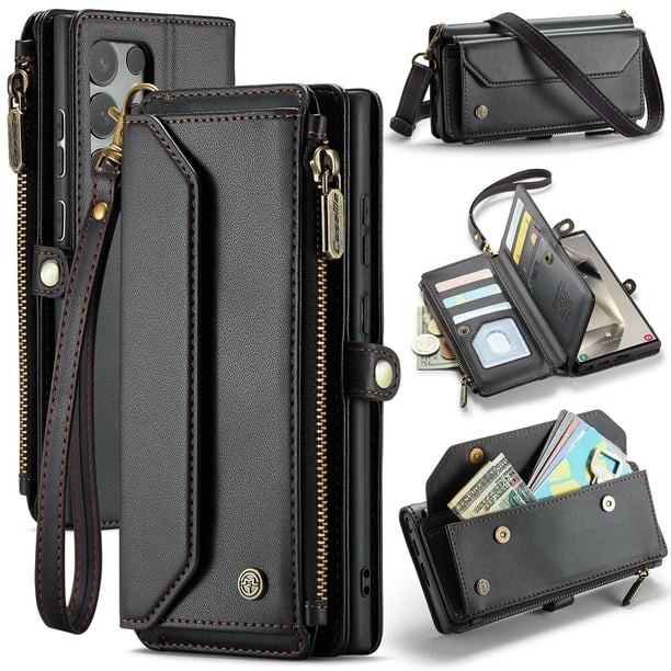 Bandolera para Samsung Galaxy S25 Ultra Case Wallet 【Bloqueo RFID】con Ranura para Billetes con Cremallera y 10 Tarjeteros,Correa magnética para Hombro y muñeca de Cuero PU Suave