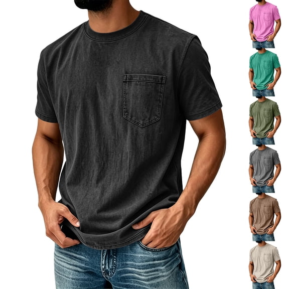Qwertyu Men's Cotton T-Shirts Heavy Loose Fit Vintage Washed Tee Unisex Short Sleeve Casual Tee Tops with Pocket Hot Pink L