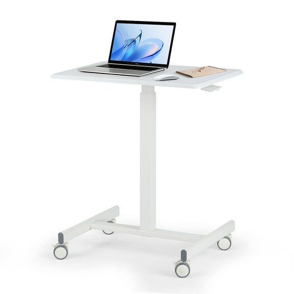 Mobile Small Standing Desk, Sit-Stand Portable Laptop Table with Lockable Wheels, Height Adjustable for Home Office, White