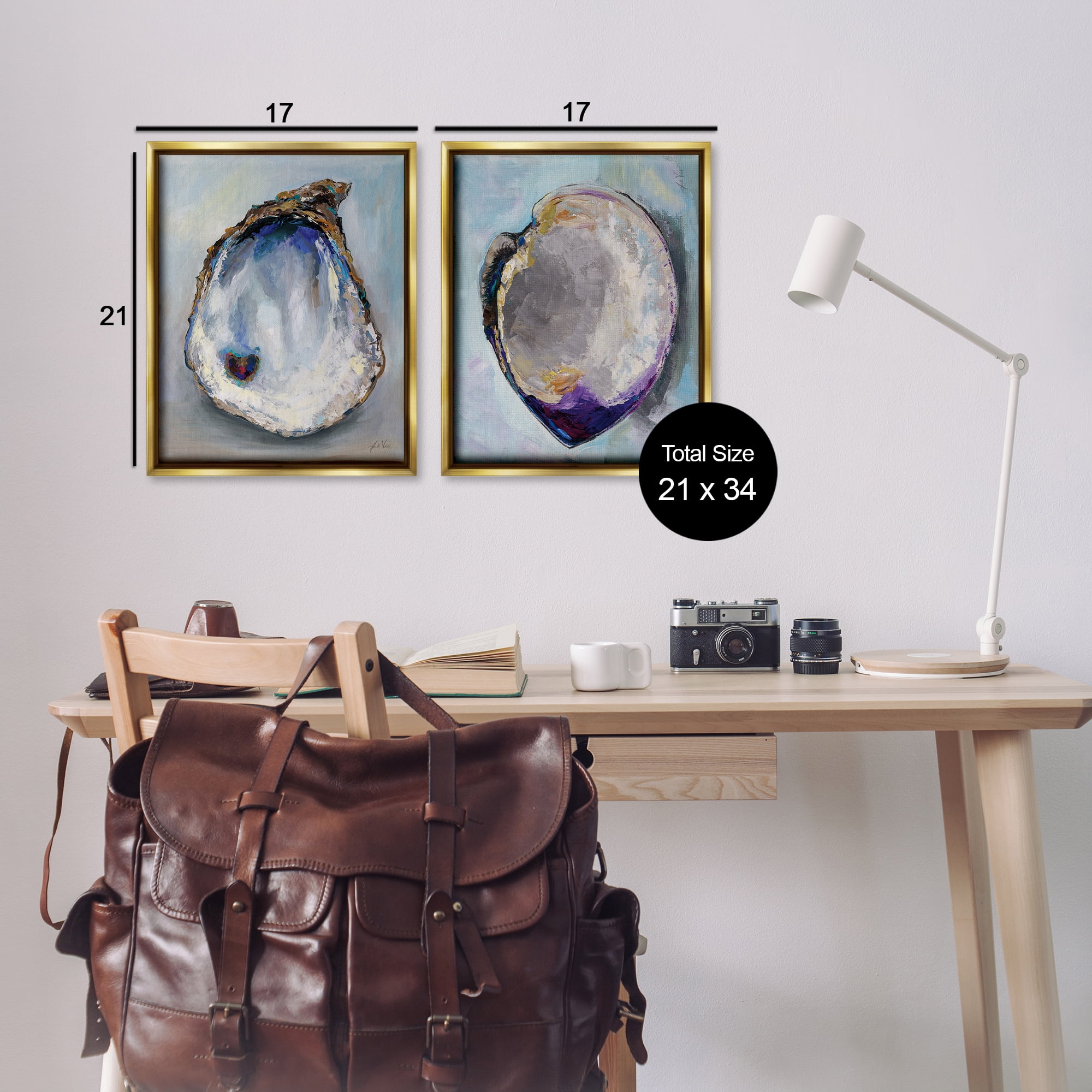 Stupell Industries Open Oyster Clam Shell Nautical & Beach Painting Gold Floater Framed Canvas Art Print Wall Art, 17 x 21, Set of 2