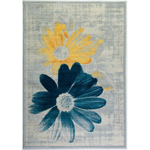 Tapis Contemporain à Motifs Floraux en Jaune Sarcelle, 2 x 3 (2' x 3'3", 60 cm x 100 cm)