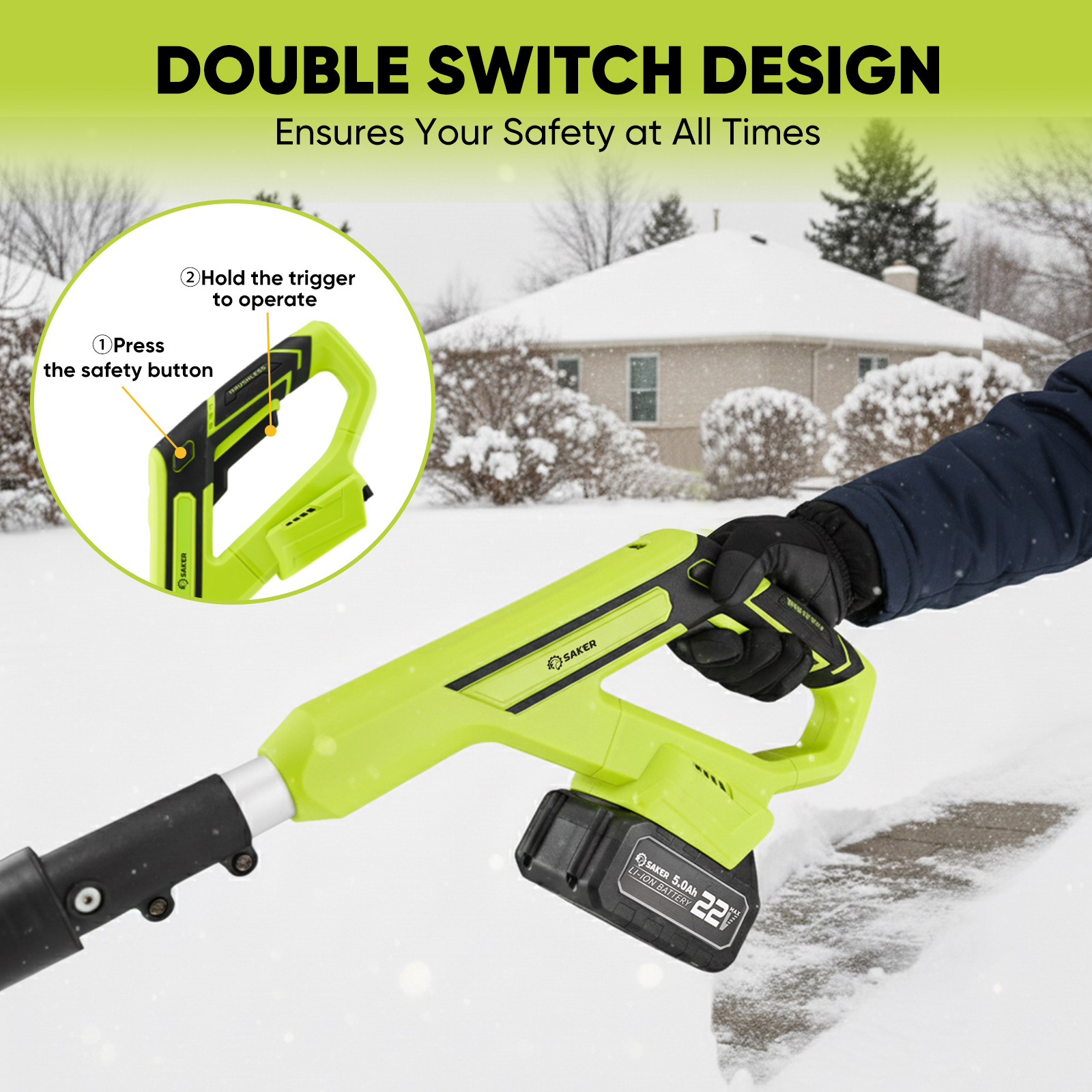 Saker 22V Cordless Snow Shovel, Electric Snow Shovel with 2x 5.0Ah Batteries, 12-Inch Cleaning Width, 6-Inch Cleaning Depth