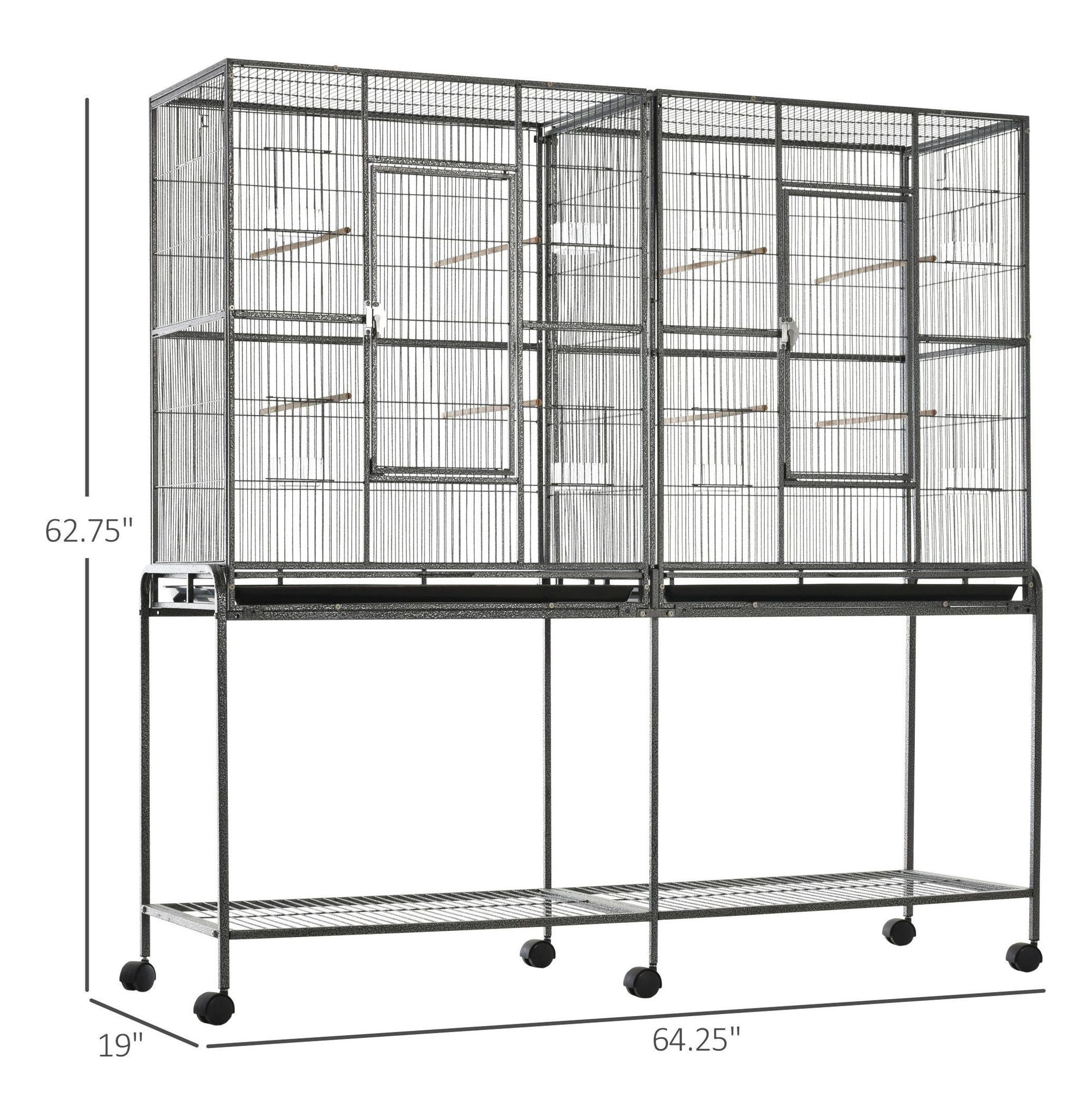65" Large Rolling Bird Cage, Metal Bird House with Stand - Indoor Parrot Cockatiel Bird Cages for Small Medium Birds, Detachable Cage w/Wheels