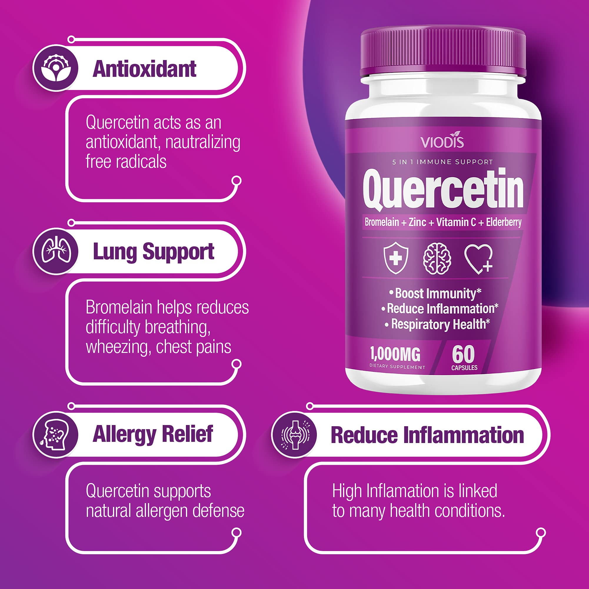Buy 2 Pack) Quercetin with Bromelain Vitamin C Zinc Elderberry 1000mg