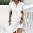 thumbnail image 2 of Wuxian Women's Shirt Dress V Neck Short Sleeve Loose Casual Roll Up Sleeve Knit Mini Dresses With Front Button, 2 of 5