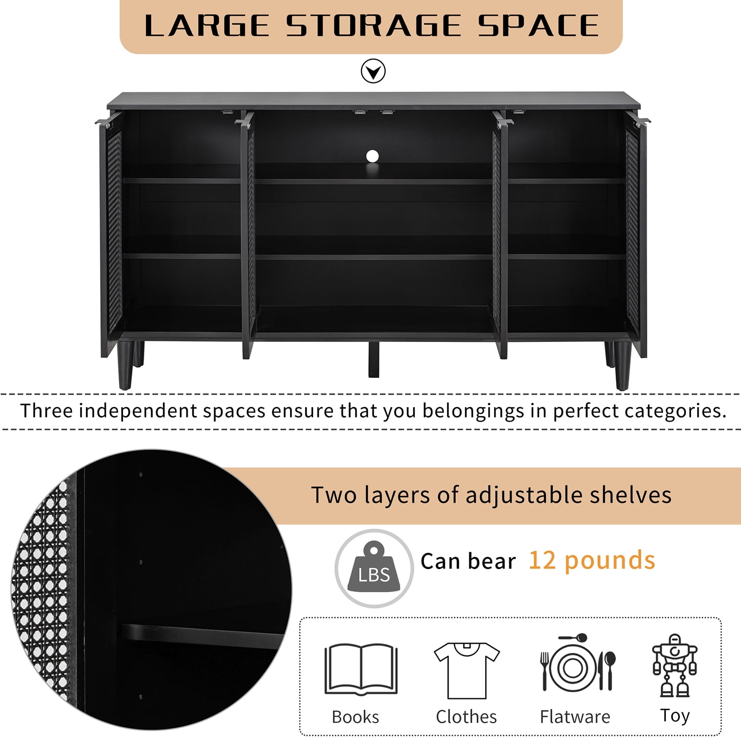 Kepooman Large Floor Storage Cabinet, Storage Space Sideboard for Entryway, Accent Storage Cabinet with Artificial Rattan Door, Black Kepooman Large Floor Storage Cabinet, Storage Space Sideboard for Entryway, Accent Storage Cabinet with Artificial Rattan Door, Black