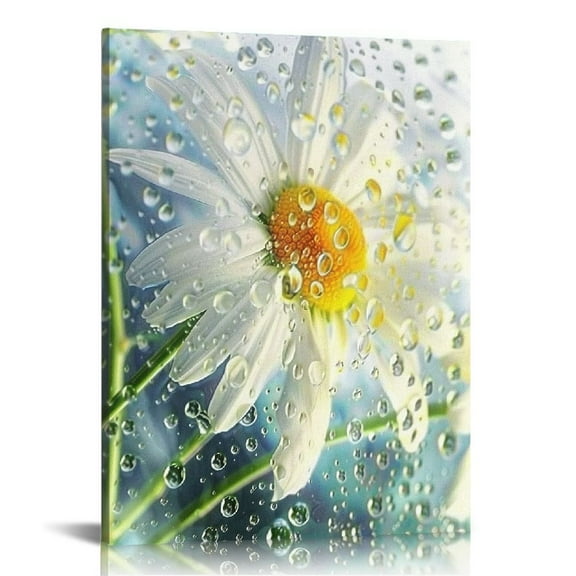 JEUXUS  Daisy Flower Canvas Wall Art White Floral with Water Drop Pictures Prints for Bathroom Bedroom Wall Decor Framed