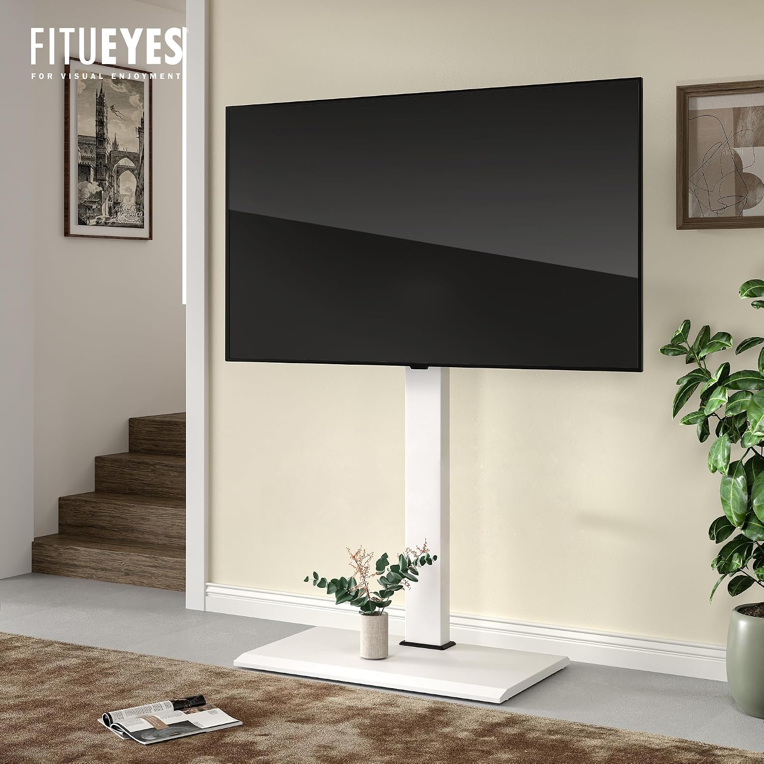 FITUEYES Floor TV Stand for 50–85 Inch TVs, White, Swivel Mount, Iron Base