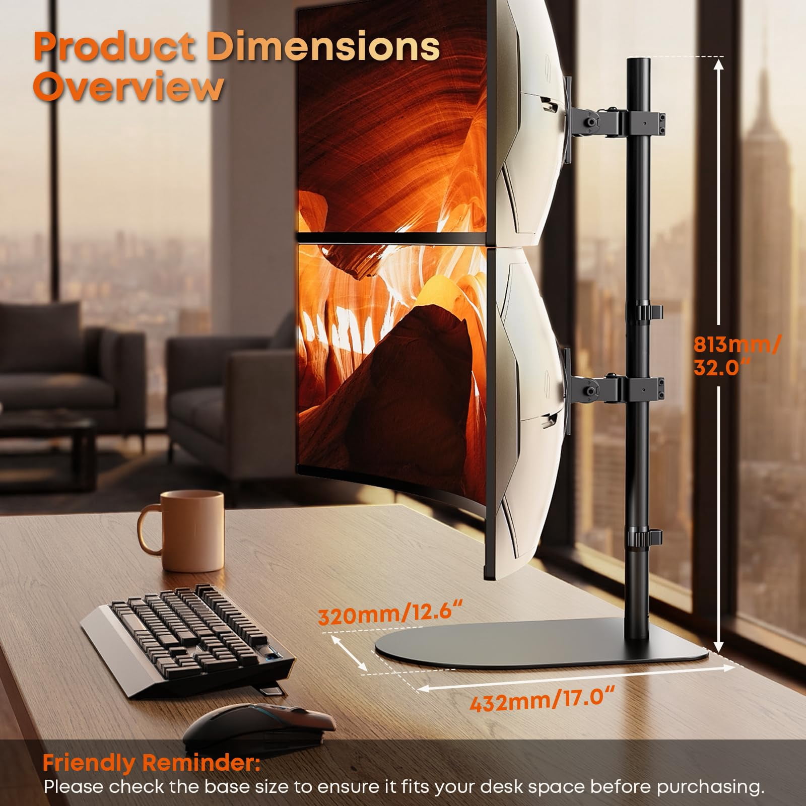 PUTORSEN Dual Stacked Monitor Stand - 17-49 inch Freestanding Vertical Dual Ultrawide Monitor Mount, Adjustable Heavy Duty Desk Stand, Max Load 44 lbs (per Screen)