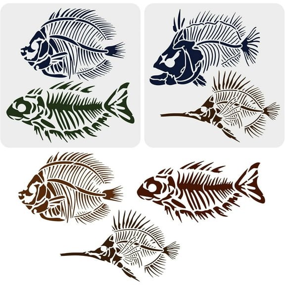 2 pcs Fish Fossils Drawing Stencil 11.8x11.8inch Reusable Fish Bones Family Decoration Template DIY Craft Fish Stencils for Painting on Wall Furniture Fabric Wood and Paper diy