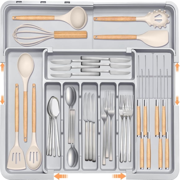 Organizador de cajones para cubiertos Homecor, mejorado, ampliable, gris