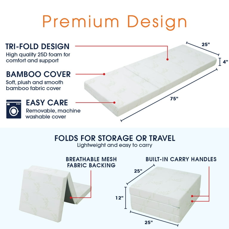 Tri-Fold Folding Mattress w/ Storage & Carry Case (75 x 25 x 4)