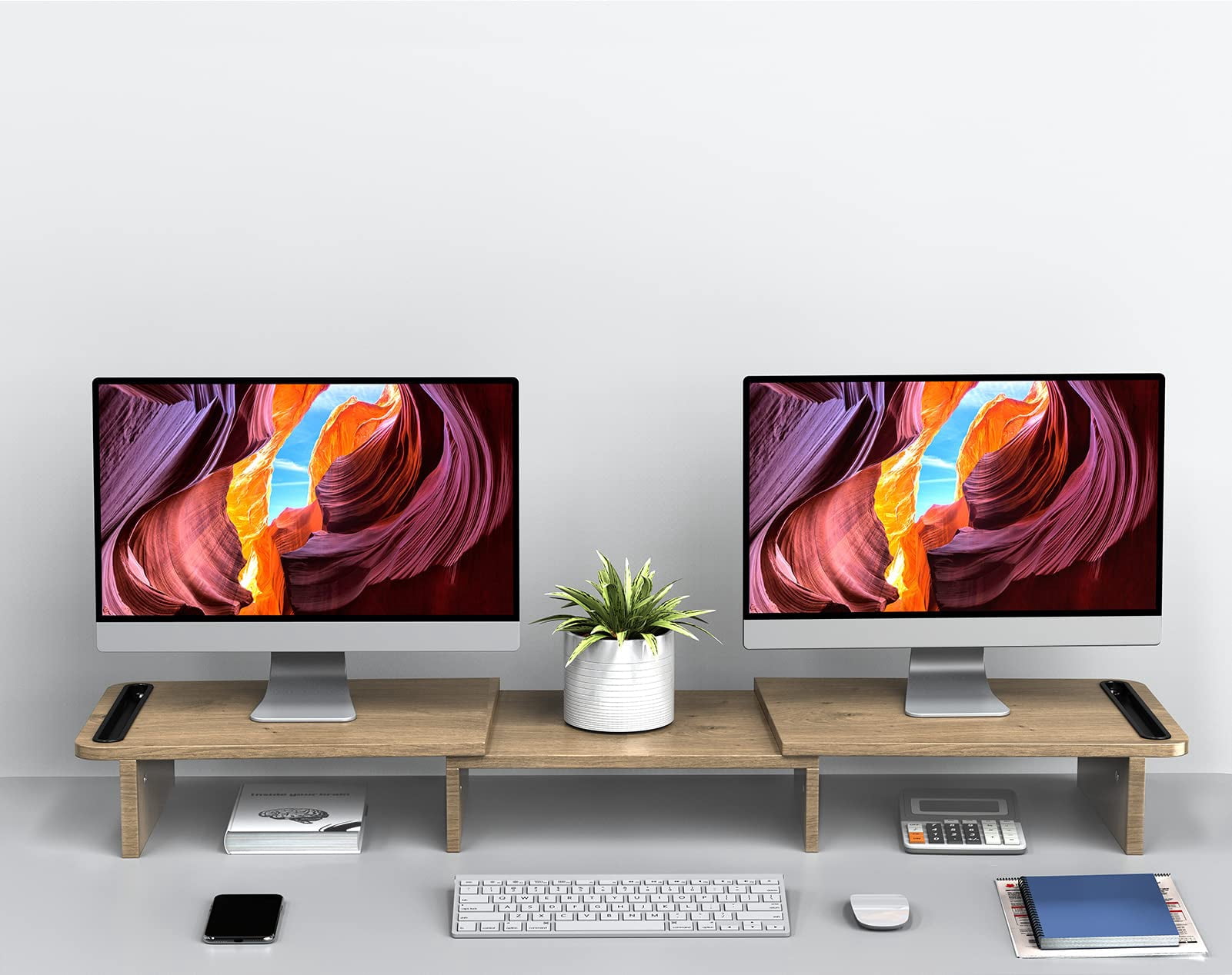 Dual Monitor Stand Riser  With Adjustable Length And Angle Wood For Desk 2 Monitors Storage Space