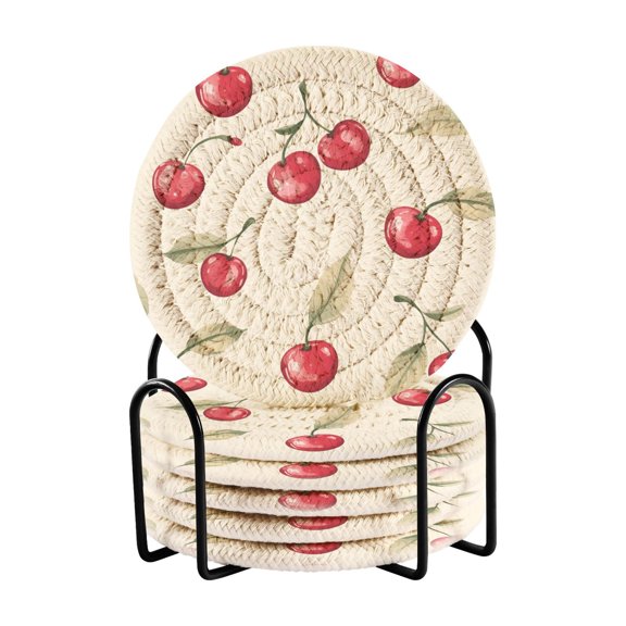 Yayeee 6 PCS Drink Coasters with Holder Set Woven Absorbent Round Tabletop Hot Pad, Red Cherry
